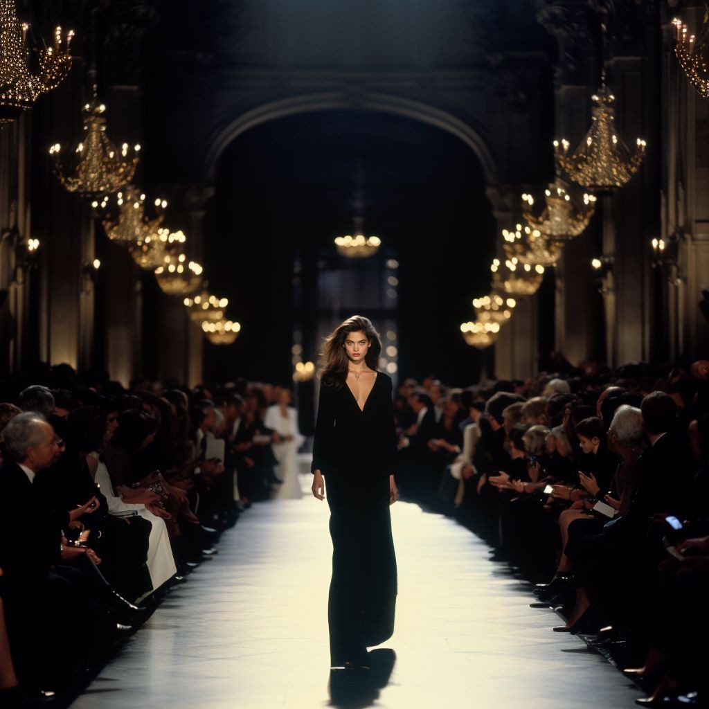 Model walking down a runway in a grand hall with chandeliers, while the audience looks on.